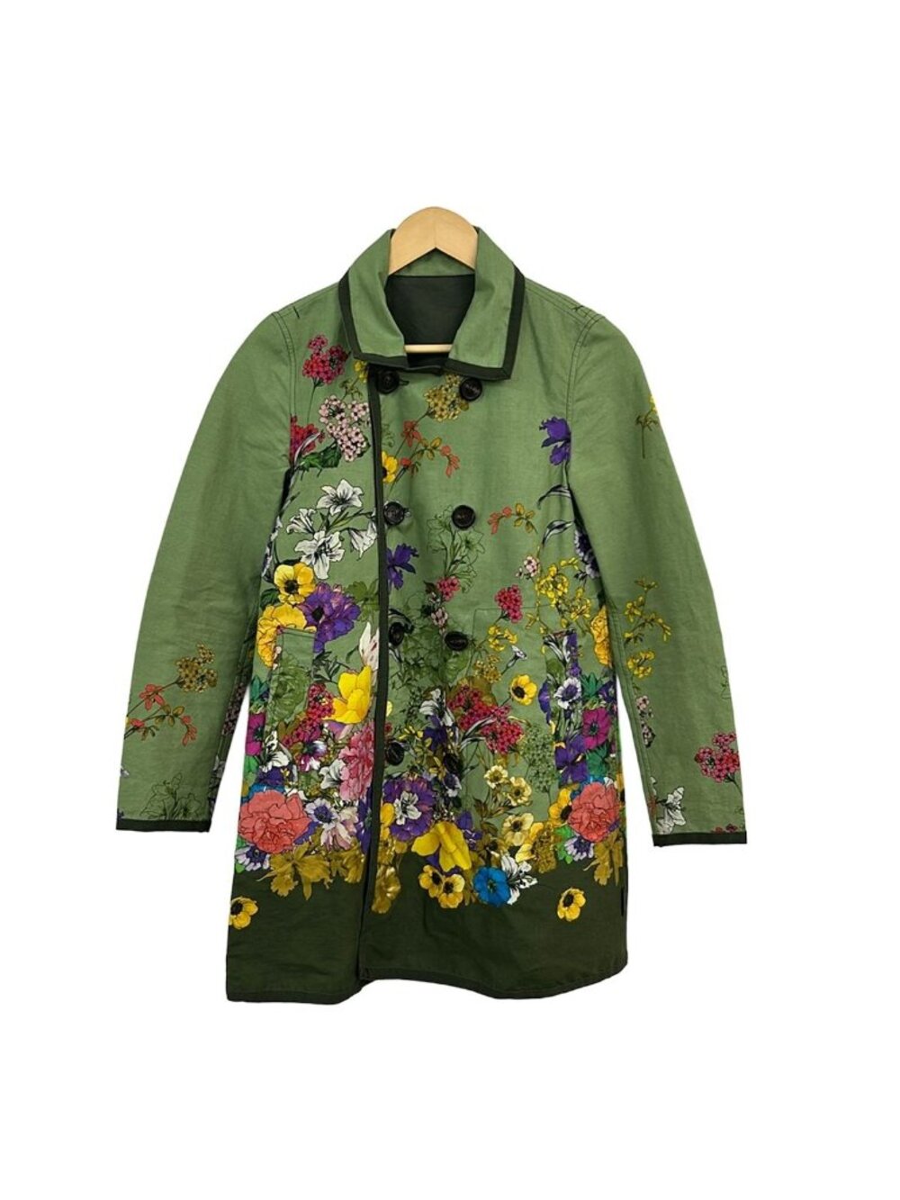 Moncler Coat S Coquille Khaki Dark Green Multi Long Sleeves Flower Pattern 1